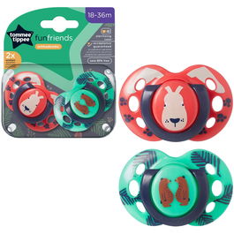 Suzeta Tommee Tippee Fun, design ortodontic simetric, fara BPA, include cutie de sterilizare, 18-36 luni, 2 buc, verde rosu