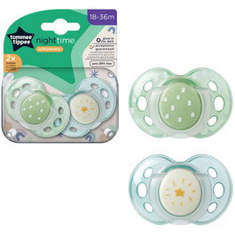 Suzeta Tommee Tippee de noapte, design ortodontic simetric, fara BPA, include cutie de sterilizare, 18-36 luni, 2 buc, steluta