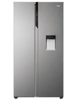Combina frigorifica Side by Side No Frost Haier HSR5918DWMP, 90 cm, 521 l, Dispenser apa, Multi Air Flow, SuperCooling, Clasa D, Platinum Inox