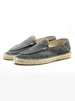 Espadrile De Vara Barbati Gri Antracit Din Piele Naturala Cusute Manual BMan219