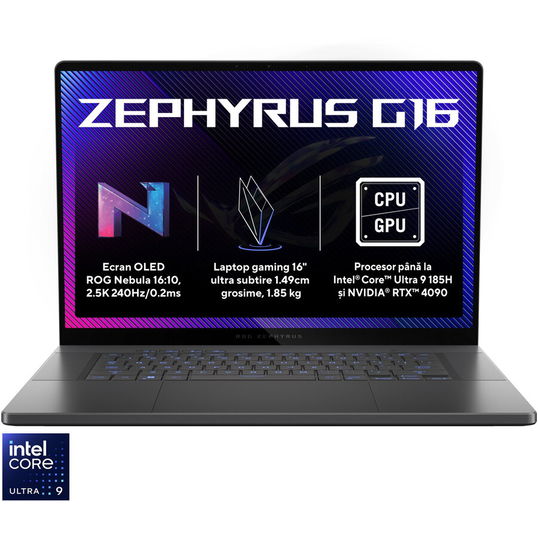 Laptop Gaming ASUS ROG Zephyrus G16 GU605MI cu procesor Intel® Core™ Ultra 9 185H pana la 5.1 GHz, 16, OLED, 2.5K, 240Hz, 32GB LPDDR5X, 1TB SSD, NVIDIA® GeForce RTX™ 4070 8GB GDDR6, No OS, Eclipse Gray