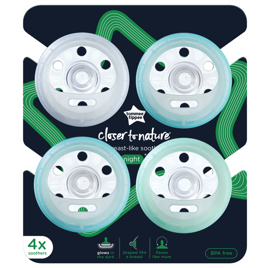 Suzeta de noapte Tommee Tippee Closer to Nature Breast like soother, 6-18 luni , Alb/Albastru, 4 buc