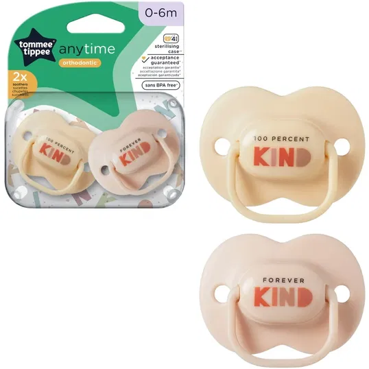 Suzeta Tommee Tippee Anytime, design ortodontic simetric, fara BPA, include cutie de sterilizare, 0-6 luni, 2 buc. Bej