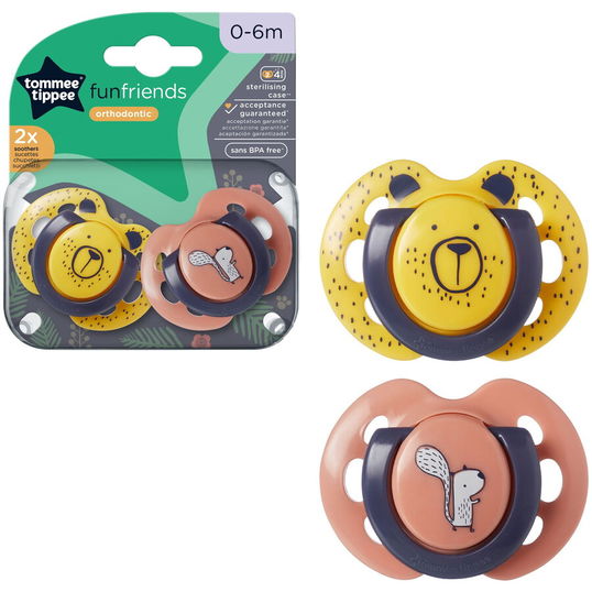 Suzeta Tommee Tippee Fun, design ortodontic simetric, fara BPA, include cutie de sterilizare, 0-6 luni, 2 buc galben