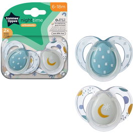 Suzeta Tommee Tippee de noapte, design ortodontic simetric, fara BPA, include cutie de sterilizare, 6-18 luni, 2 buc, luna