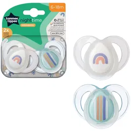 Suzeta Tommee Tippee de noapte, design ortodontic simetric, fara BPA, include cutie de sterilizare, 6-18 luni, 2 buc, curcubeu