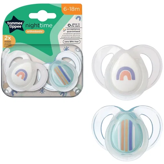 Suzeta Tommee Tippee de noapte, design ortodontic simetric, fara BPA, include cutie de sterilizare, 6-18 luni, 2 buc, curcubeu