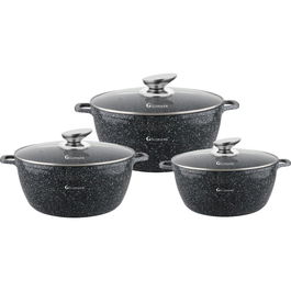 Set 3 cratite cu capace sticla, 20/24/28 cm, 2.3l/4.5l/6.5l, aluminiu turnat si invelis marmorat, Goldmann