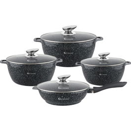 Set 8 piese cratite cu capace sticla, 20/24/28 cm, 2.3l/4.5l/6.5l, aluminiu turnat si invelis marmorat
