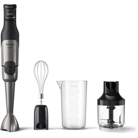Mixer vertical HR2683/00, 1200 W, Tehnologie SpeedTouch, Aparatoare impotriva stropirii pentru lama, Indicator de viteza cu LED, Accesorii tel si tocator, negru/argintiu