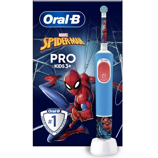 Periuta de dinti electrica Oral-B Pro Kids Spiderman pentru copii, Curatare 2D, 2 programe, 1 capat, 4 autocolante, Albastru