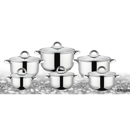 Set oale inox Grunberg GR1065, 12 piese, compatibile inductie, capace din sticla