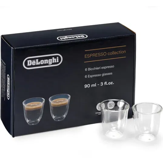 Set 6 pahare espresso De'Longhi Essential Collection, 6x90ml, Sticla termorezistenta, Transparente, Perete dublu
