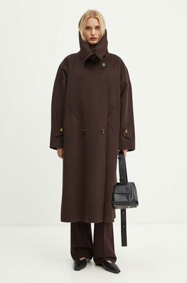 AERON Palton De Lana Culoarea Maro, De Tranzitie, Oversize, PFCO115453