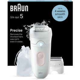 Epilator Braun Silk-épil 5 5-030 Wet & Dry, MicroGrip, Smart Light, 28 de pensete, 2 viteze, Cap de ras + Pieptene, Saculet de voiaj, Alb/Flamingo