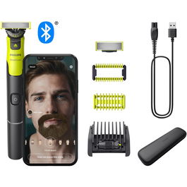 Aparat hibrid de barbierit, tuns barba si parul corporal Philips OneBlade 360 QP4631/65, pieptene reglabil 5 in 1, reincarcabil, conectivitate Bluetooth, umed si uscat, 60 min, toc de transport, lama 360 inlocuibila suplimentara, Verde lime