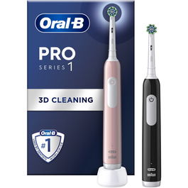 Set 2x Periuta de dinti electrica Oral-B Pro 1, Curatare 3D, 1 program, 1 capat de periaj, trusa de calatorie, Negru/Roz