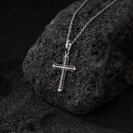 Lant cu cruce, lant argint barbati cu cruce cu pietre negre, lant barbati, argint 925 rodiat, zirconii negre, bijuterii argint barbati, 50 cm, 5,17 gr