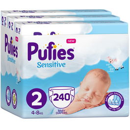 Scutece Pufies Sensitive, 2 Mini, Monthly Pack, 4-8 kg, 240 buc