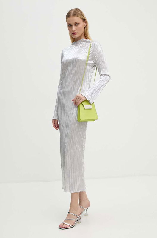 Never Fully Dressed Rochie Silver Plisse Sophia Culoarea Argintiu, Midi, Drept, NFDDR1588