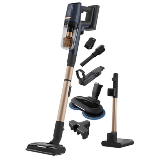 Aspirator vertical Electrolux Ultimate 800, autonomie max 60 min, 25,2 V, 150 AW, ecran LCD, 3 viteze, tub inox telescopic, perie cu LED pentru mopping + rezervor apa, Albastru Indigo