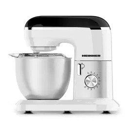 Mixer planetar Heinner HPM-1300WHBK , 1000 W, bol inox 5l, tel, carlig framantare, paleta, capac transparent protectie, Alb