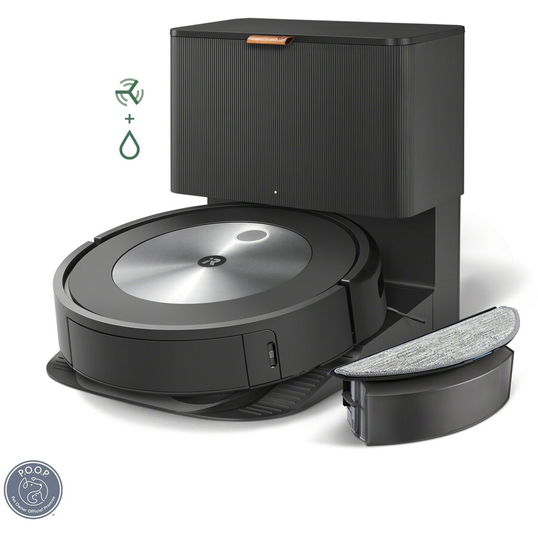 Robot de aspirare cu mop, iRobot Combo j5+, j557840, golire automata in CleanBase, sistem Aeroforce in 4 etape, recipient lavabil, ocoleste obstacolele - PrecisionVision, harti in aplicatia iRobot Home, Dirt Detective, gri/negru