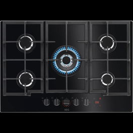 Plita incorporabila AEG HKB75450NB, Gaz, 75 cm, 5 arzatoare, Aprindere electrica, Conexiune hota, Timer, Negru