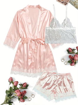 Pijama satinata (set 3 piese) culoare Roz & Alb - Valentine's Day