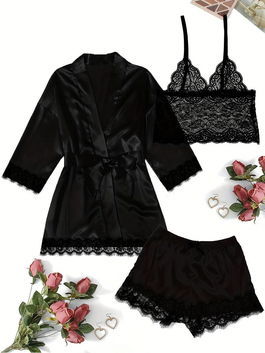 Pijama satinata (set 3 piese) Negru - Valentine's Day
