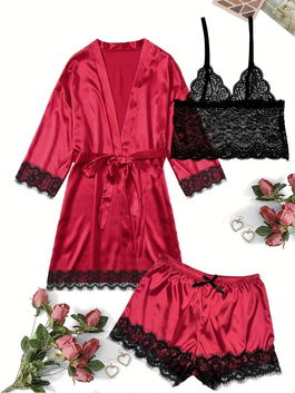 Pijama satinata (set 3 piese) culoare Rosie - Valentine's Day