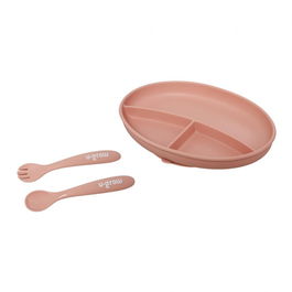 Set farfurie si lingurita silicon, roz