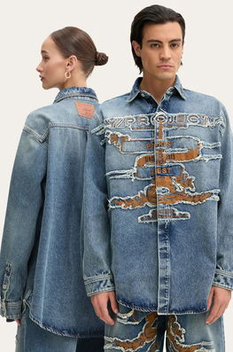 Y/Project Camasa Jeans EVERGREEN PARIS' BEST PATCH DENIM SHIRT Cu Guler Clasic, Relaxed, 207SI002 Albastru