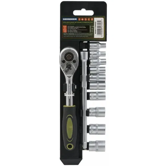 Set 12 piese Heinner CR-V, 1/4, 10 chei tubulare 4-13 mm dimensiune, cheie cu clichet reversibila 1/2, bara de extensie