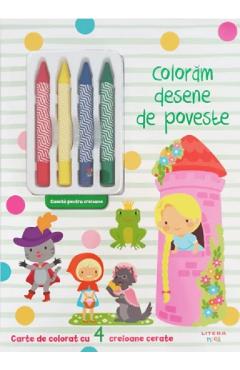 Coloram desene de poveste. Carte de colorat cu 4 creioane cerate