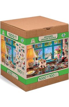 Puzzle 1010 din lemn: Pisicute pe birou
