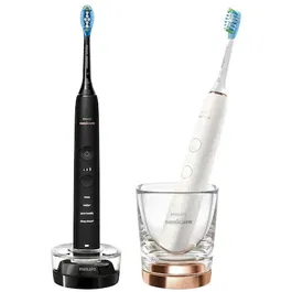 Set 2 periute electrice sonice Philips Sonicare DiamondClean 9000 HX9914/57, functie BrushSync, 4 moduri de periere, 3 nivele de intensitate, senzor de presiune, 2 capete de periere, 2 baze cu rol de incarcare, Negru / Rose gold