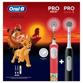 Periuta de dinti electrica Oral-B Pro Kids Lion King pentru copii, Curatare 2D, 2 programe, 1 capat, 4 autocolante, trusa de calatorie, Rosu + Periuta de dinti electrica Oral-B Pro 1, Curatare 3D, 1 program, 1 capat de periaj, Negru