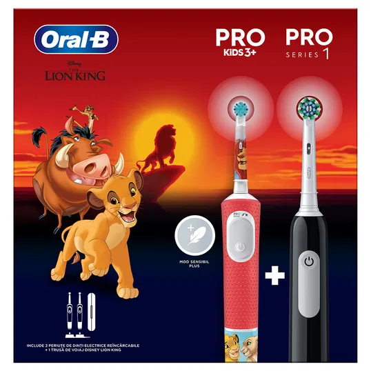 Periuta de dinti electrica Oral-B Pro Kids Lion King pentru copii, Curatare 2D, 2 programe, 1 capat, 4 autocolante, trusa de calatorie, Rosu + Periuta de dinti electrica Oral-B Pro 1, Curatare 3D, 1 program, 1 capat de periaj, Negru