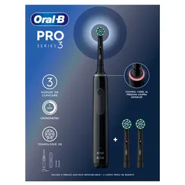 Periuta de dinti electrica Oral-B Pro 3 3500, Curatare 3D, 3 programe, 1 Incarcator, 1 capat, Trusa de calatorie, Negru + 2 capete de periaj