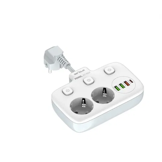 Priza multipla Serioux PS24W, 2 prize, 6xUSB, PD Type-C , QC3.0, intrerupator, protectie supratensiune