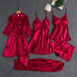 SET 5 PIESE - Pijama dama din Satin si dantela, culoare VISINIU- Valentine's Day