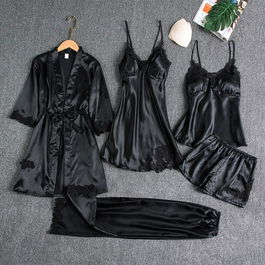 SET 5 PIESE - Pijama dama din Satin si dantela, culoare NEGRU - Valentine's Day