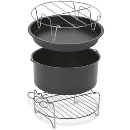 Set 4 accesorii Tefal Easy Fry XL XA112010 pentru friteuza Tefal EY11xx, EY13xx, EY50xx, inox si strat antiaderent, tava pizza, vas copt, gratar friptura, suport frigarui, negru