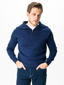 Pulover Barbati Albastru Cu Fermoar Cu Guler Modern Din Bumbac Pieptanat BMan0019