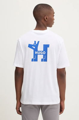 Hugo Blue Tricou Din Bumbac Barbati, Culoarea Alb, Cu Imprimeu, 50523830