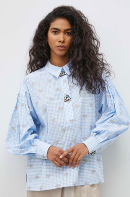 MUNTHE Bluza Din Bumbac Femei, Cu Guler Clasic, Regular Albastru
