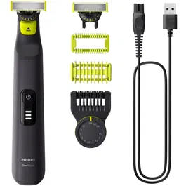 Aparat hibrid de barbierit si tuns pentru fata si corp PHILIPS OneBlade Pro QP6542/15, 2 lame 360, pieptene cu 20 de setari de lungime (0,4-10 mm), 2 accesorii pentru corp, autonomie 90 min, cablu de alimentare USB-A, fara adaptor pentru priza