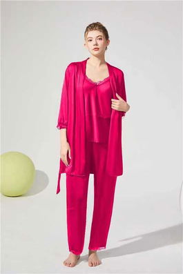 SET 3 Piese pijamale din satin, cu dantela, pantalon lung - Ciclam