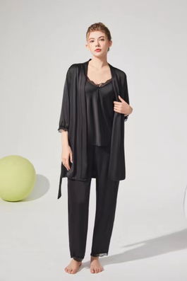 SET 3 Piese pijamale din satin, cu dantela, pantalon lung - Negru